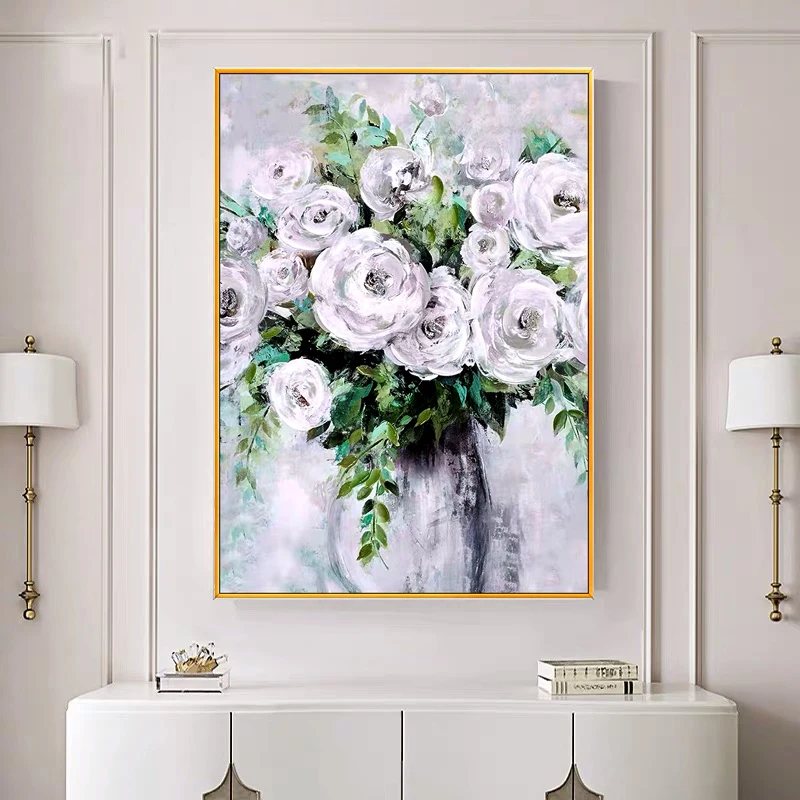 

Modern Artist Painted Abstract White Flowers Oil Painting On Canvas Wall Art Frameless Picture Decor For Living Room Home Gift