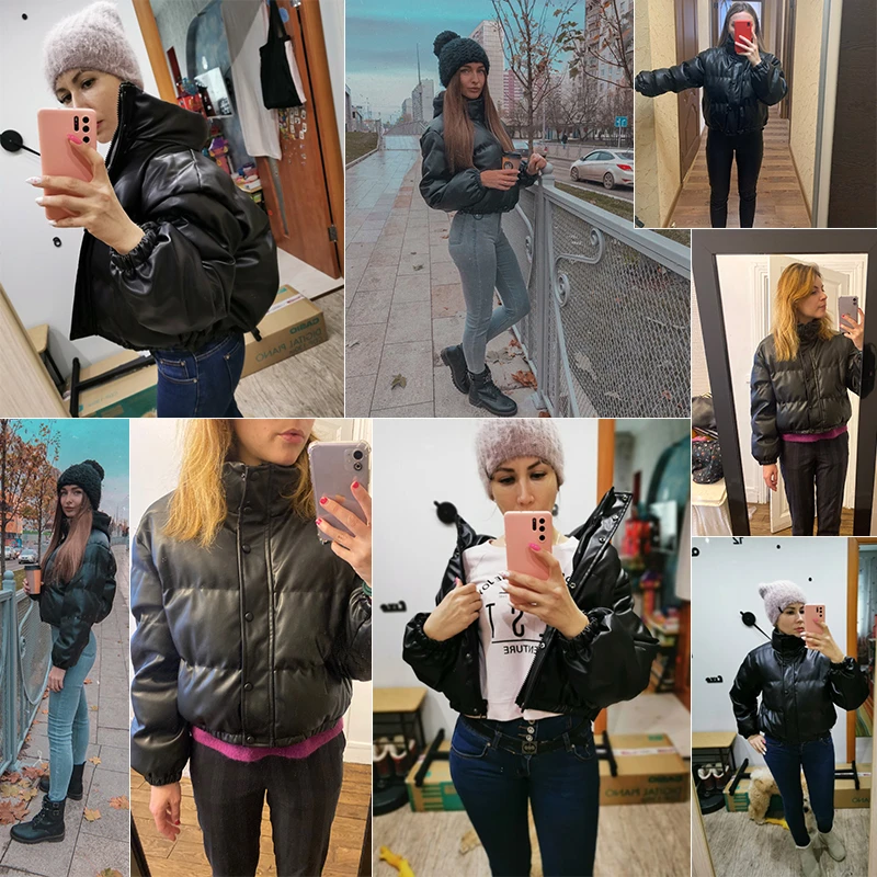 

Winter Women's Jacket 2021 Female Thick Warm Short Parkas Fashion Black PU Leather Coats Women Elegant Zipper Cotton Jackets Top