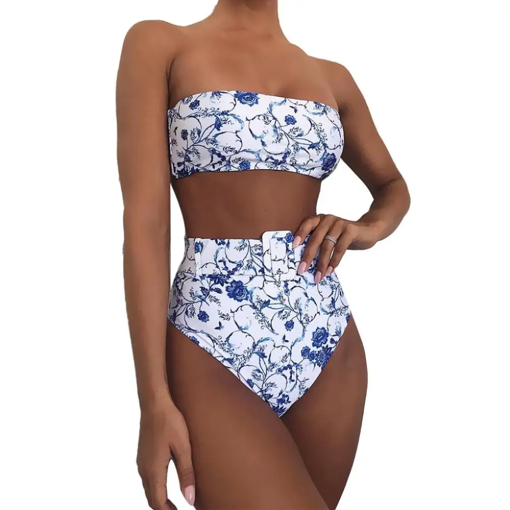

Sexy Women Swimwear Padded Tube Top High Waist Briefs Floral Print Swimsuit Bikini Set
