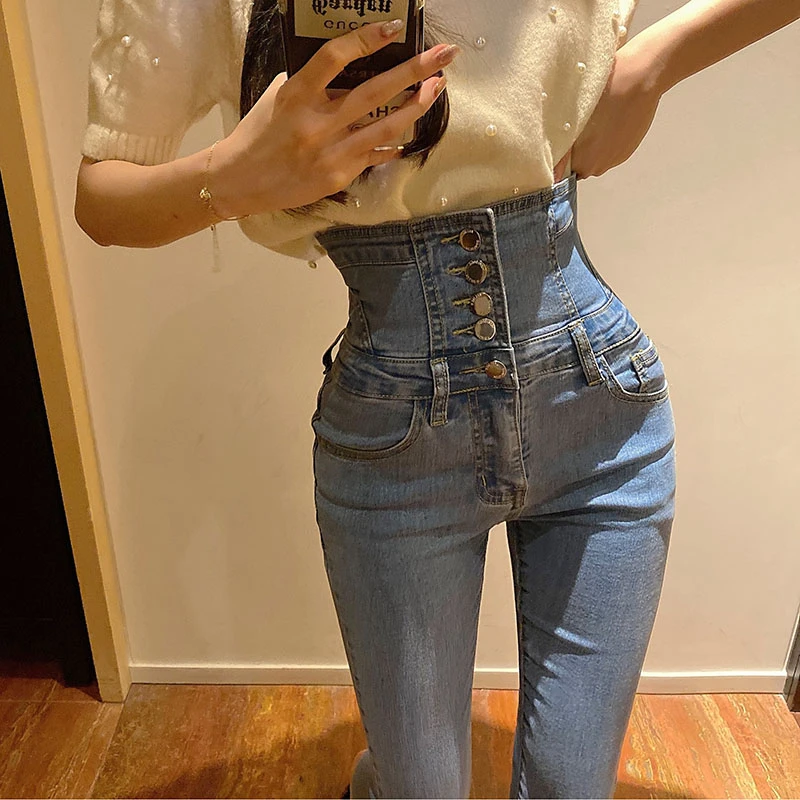 

Slido alto cintura Casual lavado Denim JeansW28 mujeres otoo 2021 puro minimalista coreano seoras bsico diario Pantalones