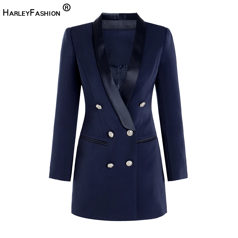 

HarleyFashion Fall Spring Vintage Notched Slim Royal Blue Straight Dresses Shawl Collar Buttons Slim Quality Retro Dress