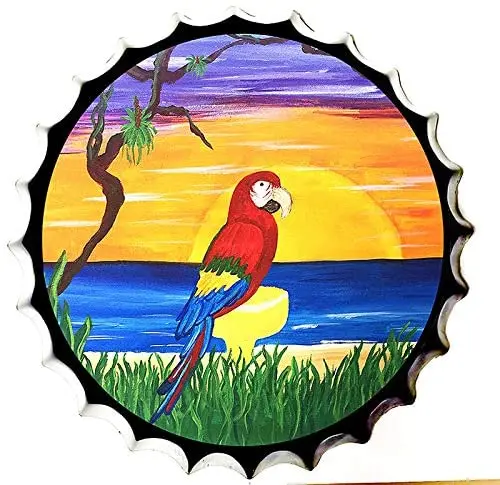 

Retro Sign Parrot Bottle Caps Retro Metal Tin Sign Diameter 13.8 Inches - Home Decor Bar Plaque Lounge Man Cave Garage Decor