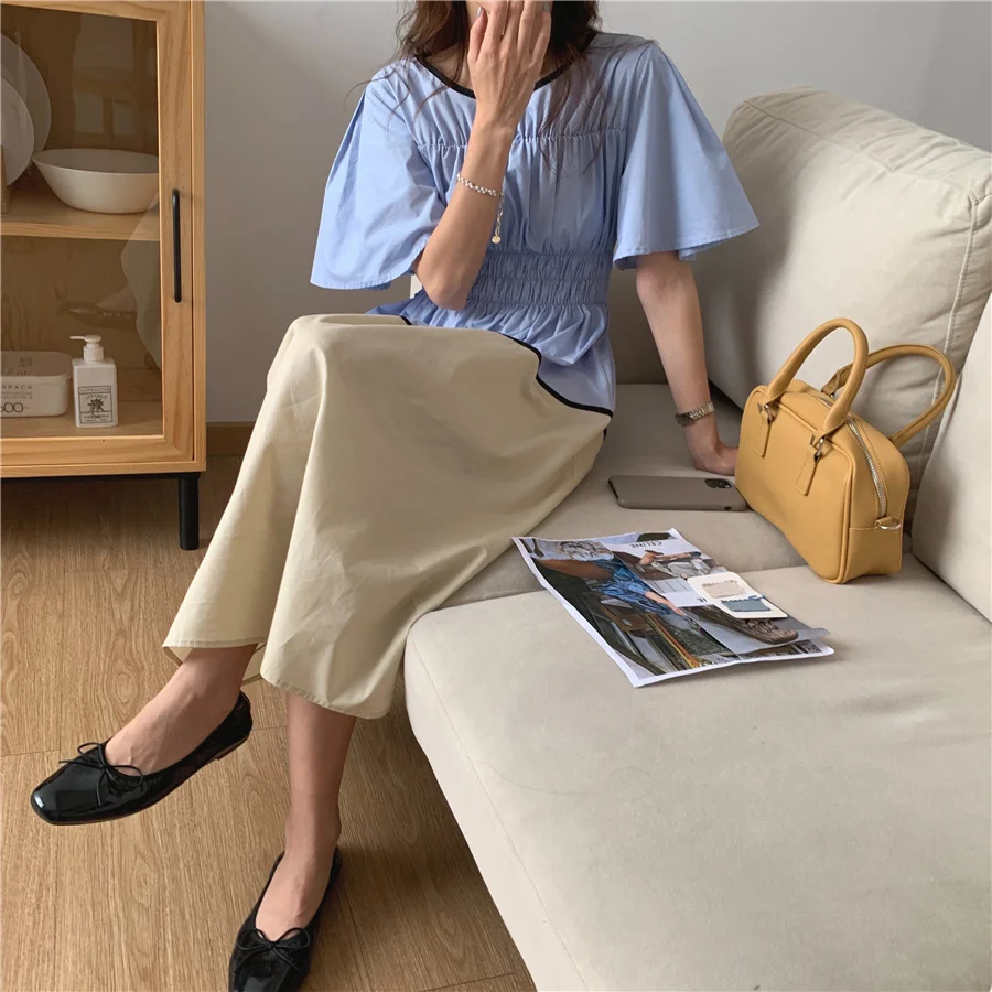 

2021 Summer Vintage Women Long Dress Patchwork Flare Sleeve Elastic Ball Gown Slim Waist A-line Sundress