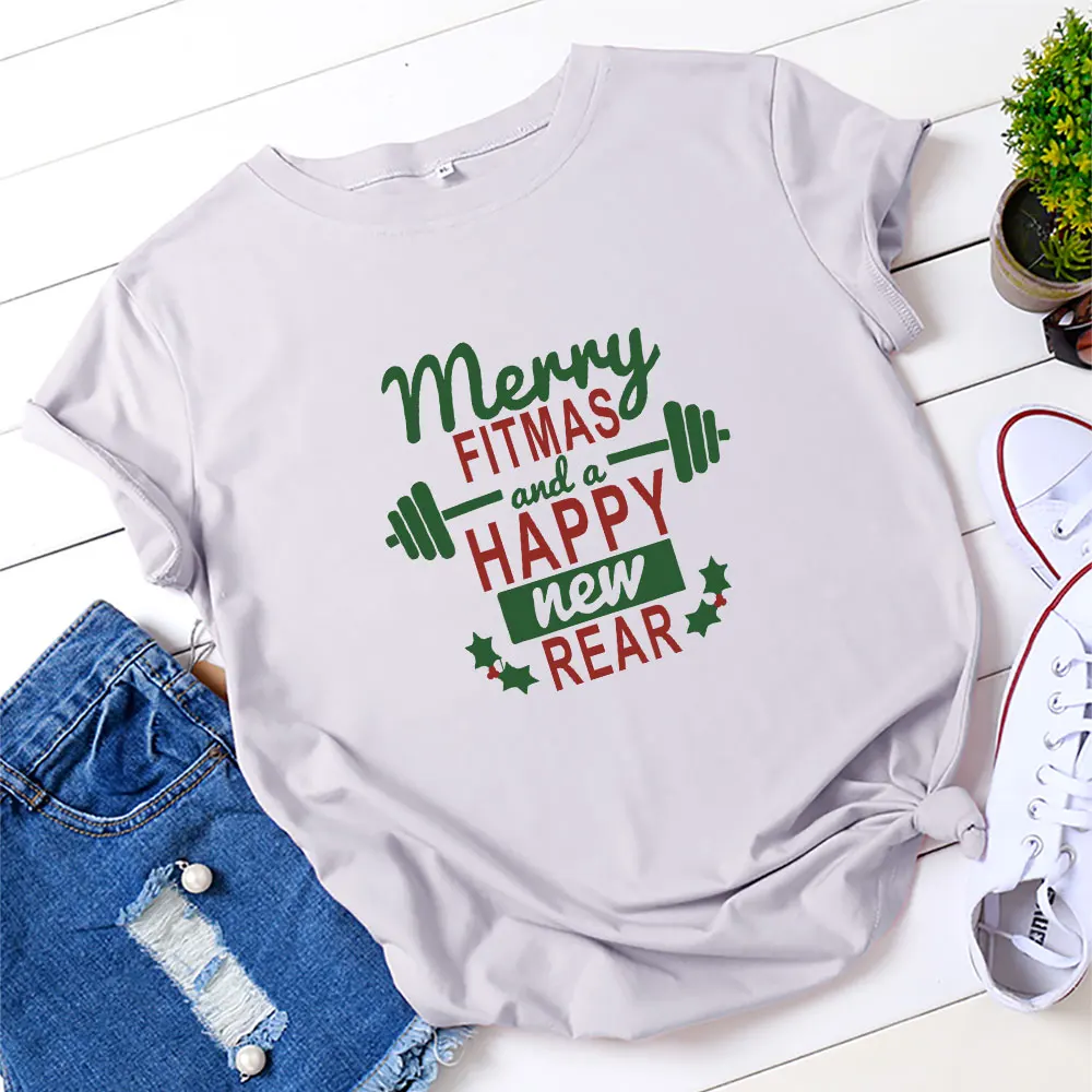 

2021 Summer T-shirt Oversized Women's T-shirt Cotton Christmas Happy New Year Print Tshirt O-neck Short-sleeve T-shirt Women Top