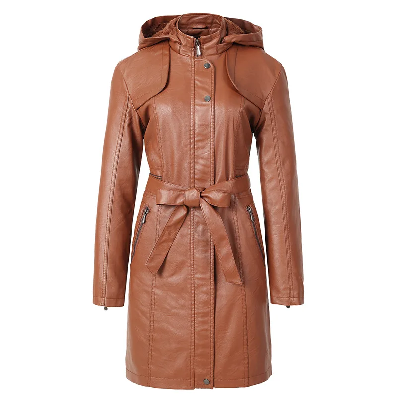 

2021 NEW Women's Leather Long Hooded Women's Leather Jacket Plus Velvet Leather Blazers Leather Jacket Women free shipping