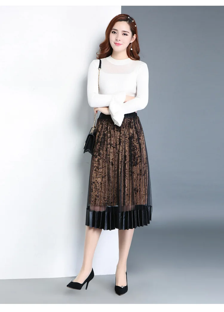 

Women Fashion Mesh Velvet Pleated Skirt Elastic High Waist Loose Casual Elegant Mid-long Skirts Ladies Skirts BYL506