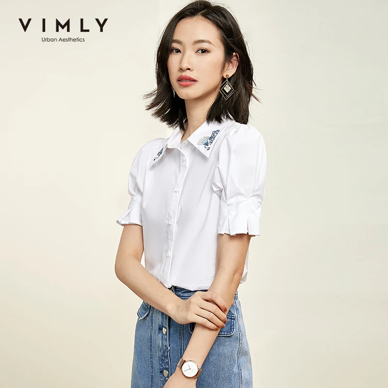 Женская офисная блузка с вышивкой Vimly летняя однотонная в стиле ретро отложным