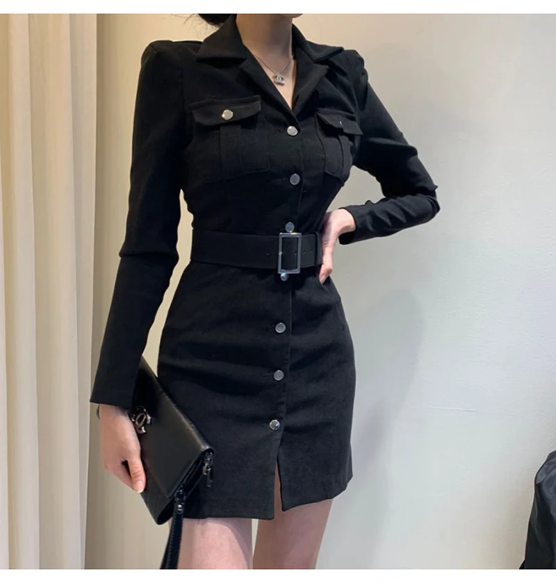 Trytree Autumn Winter Women Casual Dress Turn-down Collar Single Breasted Pockets Belt 5 Colour Slim fit Fashion Mini Dress