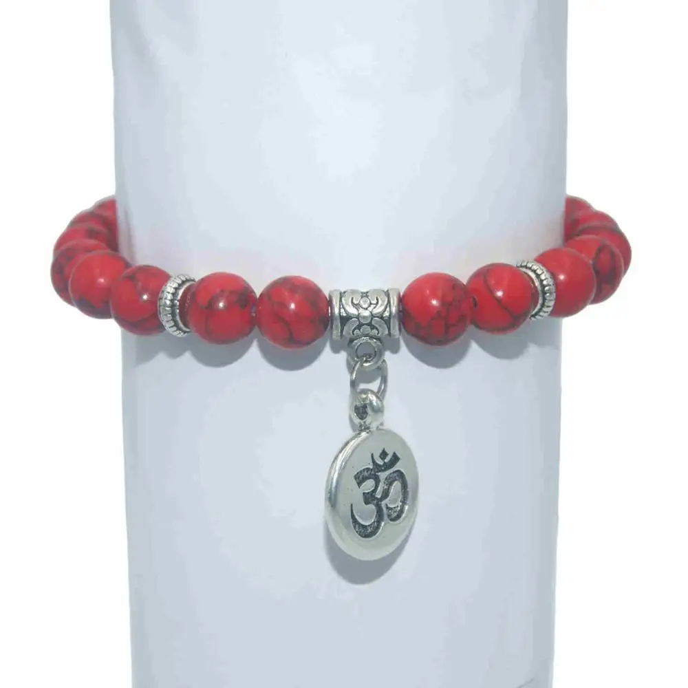 Red Turquoise 8 мм натуральный камень Ом бусины лазурит Агаты бусины с тигровым глазом браслеты для женщин мужчин Йога чакра мала Шарм браслет ювелирные изделия - Окраска металла: Red Turquoise