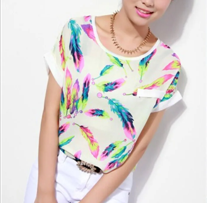 

1PC Women Feathers Chiffon Blouse Top Casual Short Sleeve Loose camisas mujer Fashion Loose blusas verano mujer 2020 Elegant