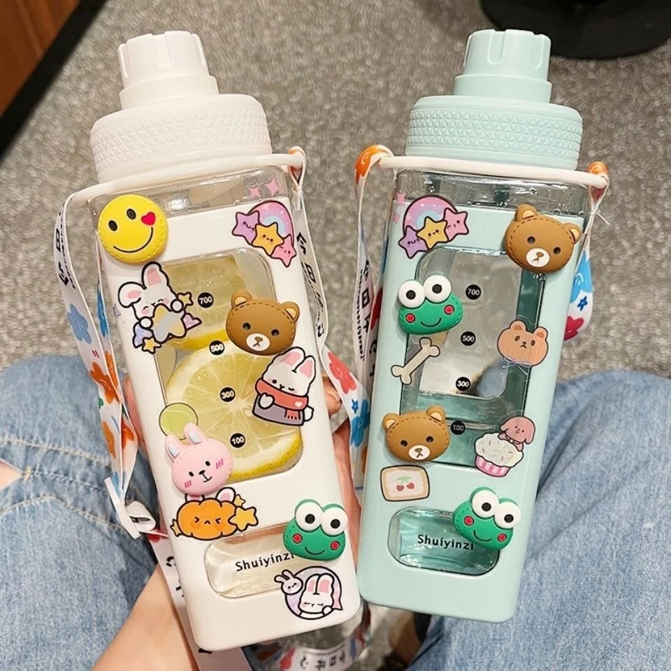 

700Ml Kawaii Water Bottle With Straw Stickers Sport Plastic Portable Square Drinking Bottle For Girl Cute Juice Tea Water Cups