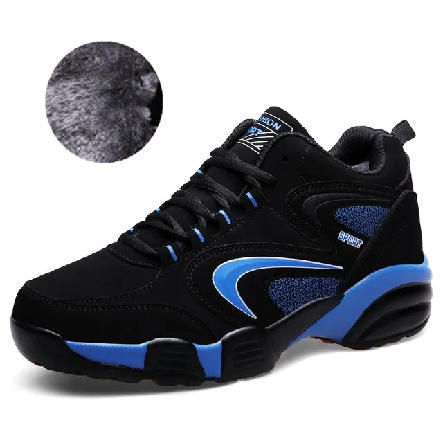 Plush Black Blue Зимняя спортивная обувь для мужчин и женщин, теплые осенние кроссовки с хлопковой подкладкой, Мужская прогулочная спортивная обувь, большие размеры 36-48 - Цвет: Plush Black Blue