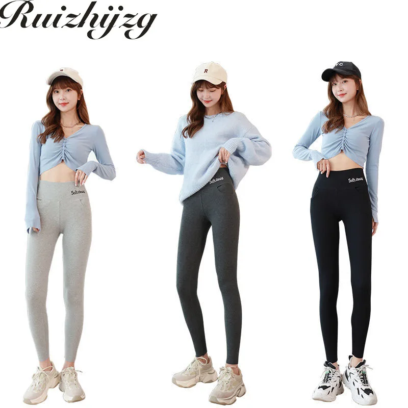 

Ruizhijzg Ready stock Leggings for Women Ladies High Waist Teen Girl Thin Cotton Sport Pants Black Grey Plus Size