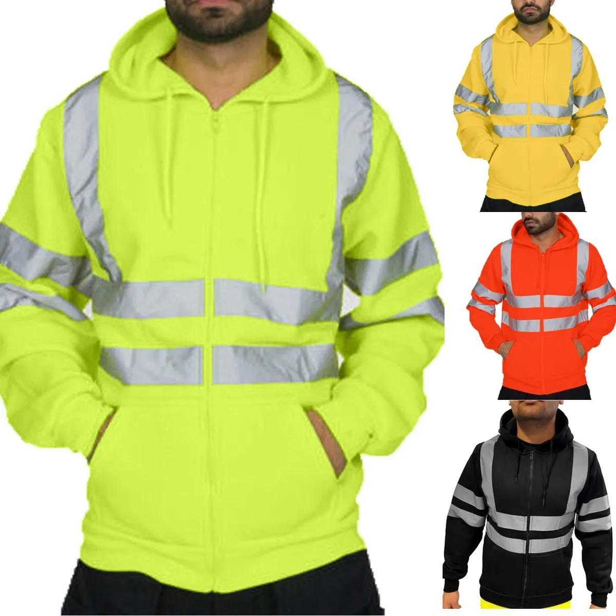

Men Stripe Patchwork Hooded Jacket Ski Hoodies Reflective Visibility Workwear Coat Color Block Work Wear