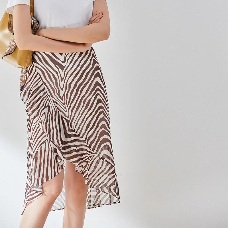 

Brown Zebra Pattern Print Chiffon Skirt Summer Asymmetric Ruffle Midi A Line Skirts Women mujer faldas dropshipping Tulle Skirt