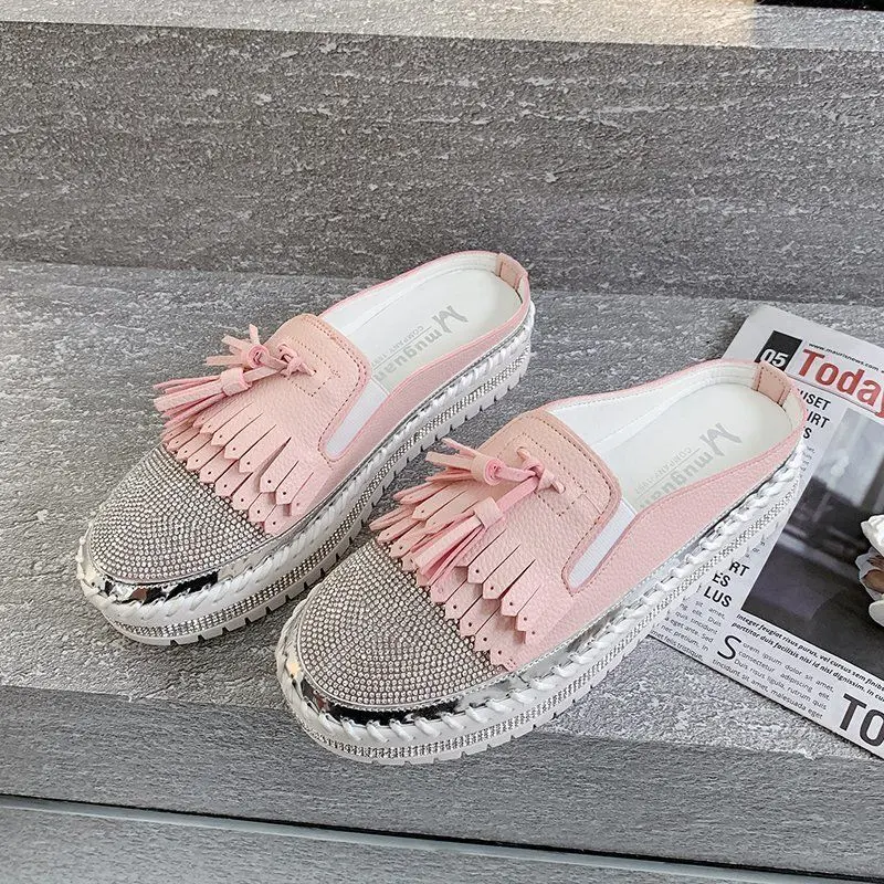 

Baotou Half Slippers Women's Platform Platform Shoes 2021 Summer New Style Rhinestone Outer Wear Increased Non-heel Lazy Shoes