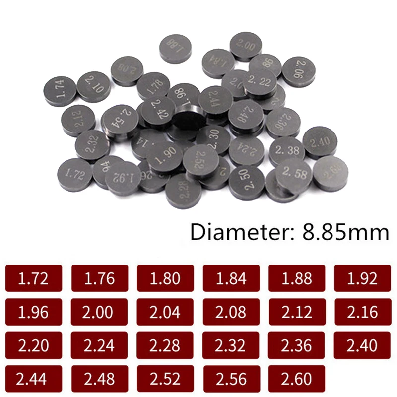 

Adjustable Valve Pad Shims diameter 8.85 mm thickness 1.72mm - 2.6mm Valve Shim Kit For Motorcycle Engine Parts