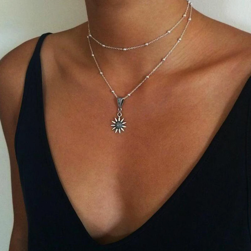 

HuaTang Boho Lovely Sunflower Daisy Pendant Necklace for Women Silver Color Double Layer Clavicle Chains Ladies Party Jewelry