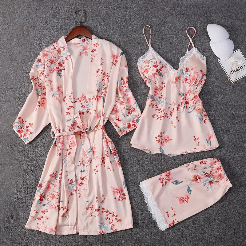 

Lace Sexy Homewear Kimono Bathrobe Gown 3PCS Robe Set Female Nightwear Intimate Lingerie Sleepwear Spring Autumn New Sleep Set