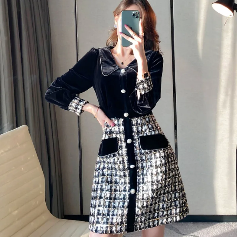 

Autumn Winter Luxury Women Dress Velvet Spliced Houndstooth High Waist A-Line Short Skirt Sequins Rhinestone Buttons Office Lady