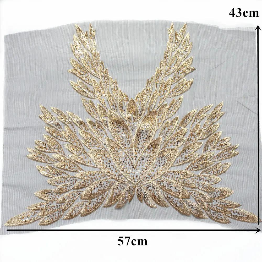 Золотое перо блесток кружевной ткани сетка Вышивка бальное платье Аппликации
