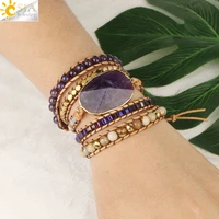 csja natural stone multilayer leather wrap bracelets purple crystal 5 strand bracelet for women bohemian handmade jewelry s572