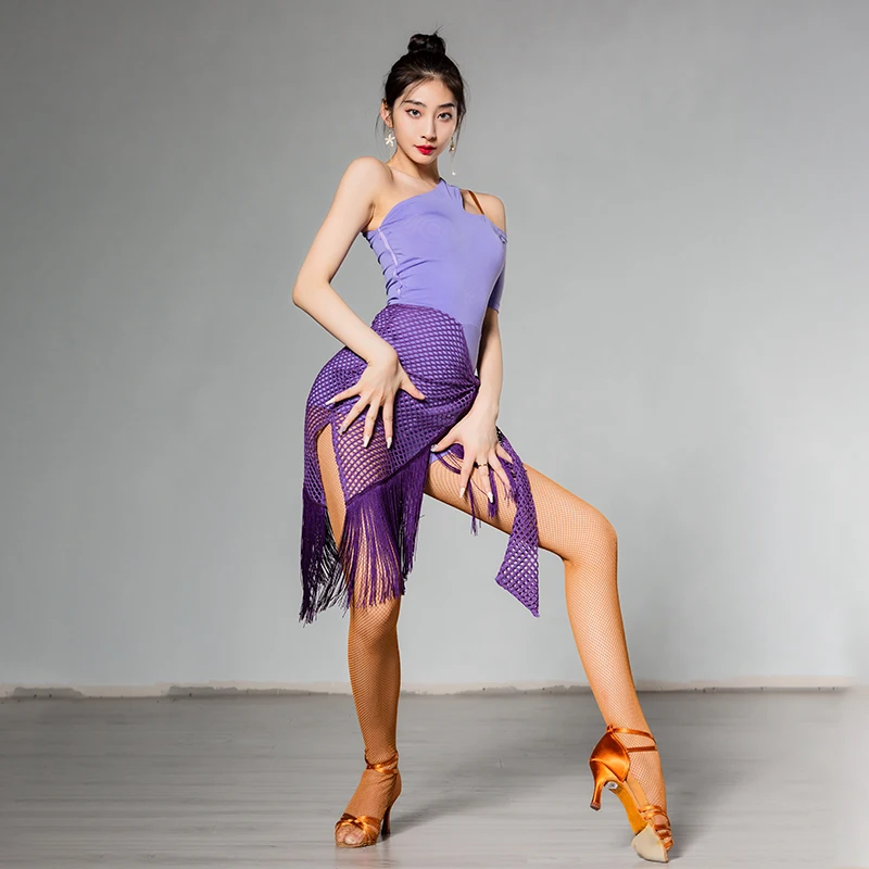 

Latin Dance Practice Clothes Female Adult Sexy Short Sleeve Mesh Fringe Dress Rumba Training Tassel Clothing Salsa Skirt DWY6541
