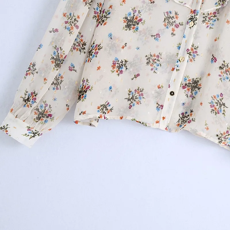 

Alldoke Ruffles Floral Print Blouses Women Summer 2021 V-neck Puff Sleeve Thin Blouse Ladies Vintage Casual Blusas Mujer Femme