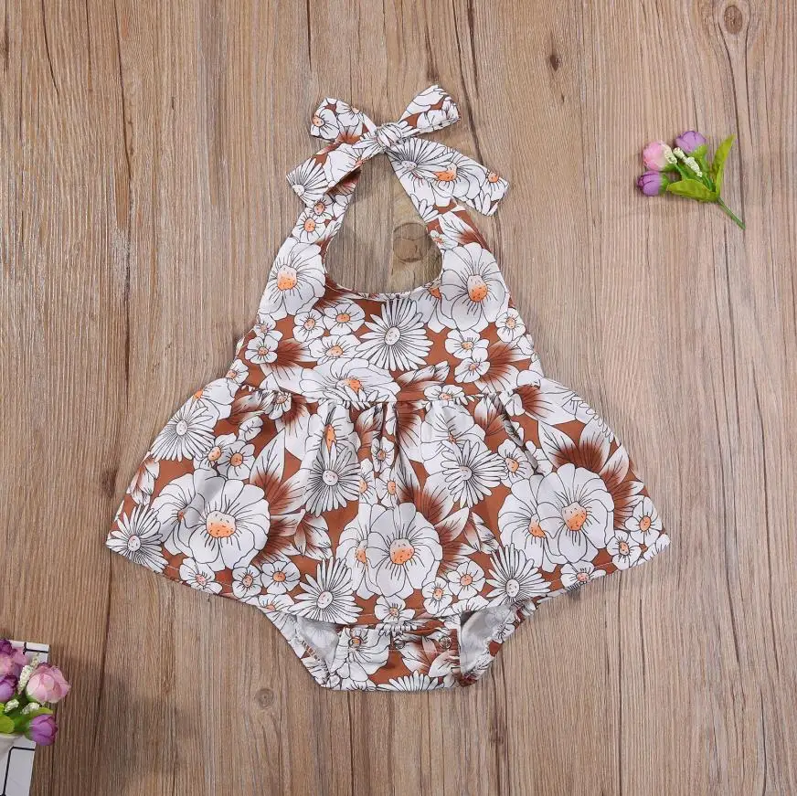 

Baby Girls Casual Haler Romper Dress White Floral Printed Pattern Sleeveless U-shaped Collar One-piece Rompers