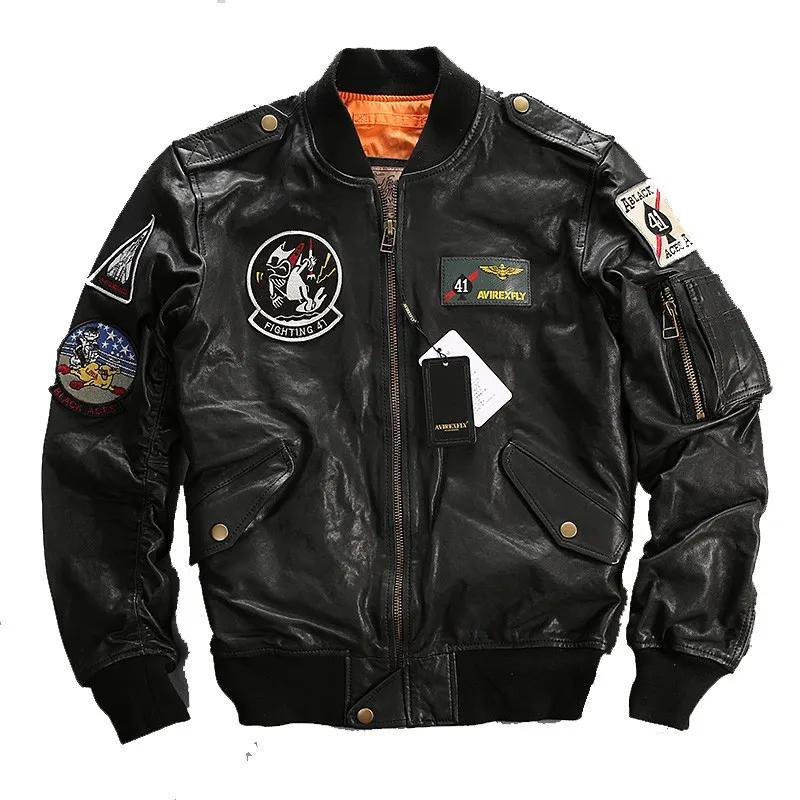 

2020 Men Black Top Gun Leather Pilot Jacket Real Sheepskin Short Plus Size 6XL Men Winter Military Russian Coat FREE SHIPPING