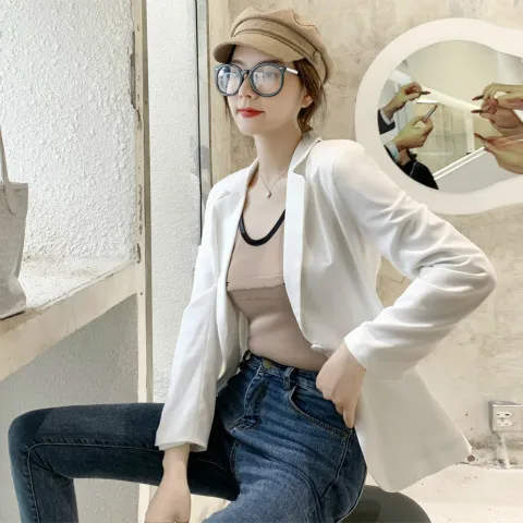 White Full Белые черные женские блейзеры и куртки мода 3/4 рукав хлопок льняное пальто элегантные куртки на одной пуговице костюмы женские большие размеры - Цвет: White Full