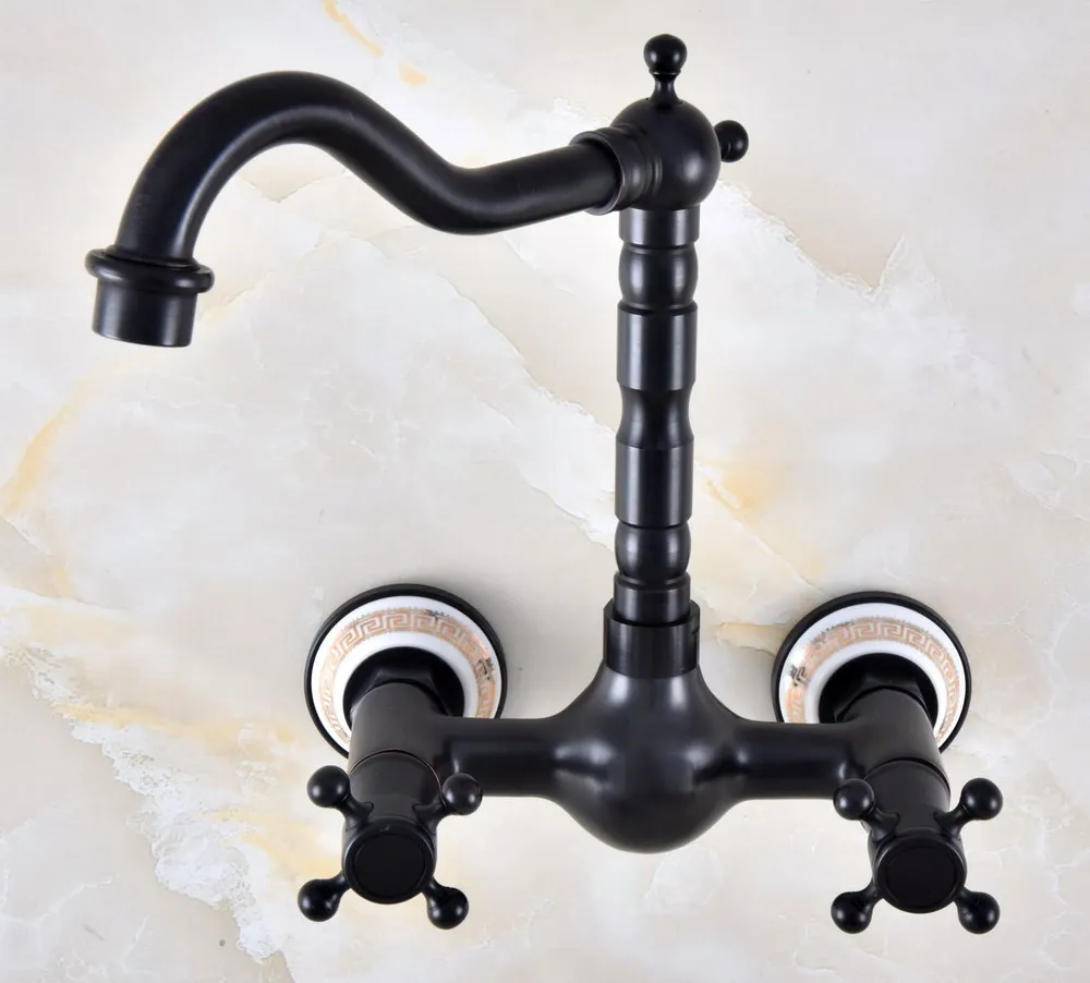 

Black Oil Rubbed Bronze Ceramic Base Wall Mounted Bathroom Kitchen Sink Faucet Swivel Spout Mixer Tap Dual Cross Handles anf879
