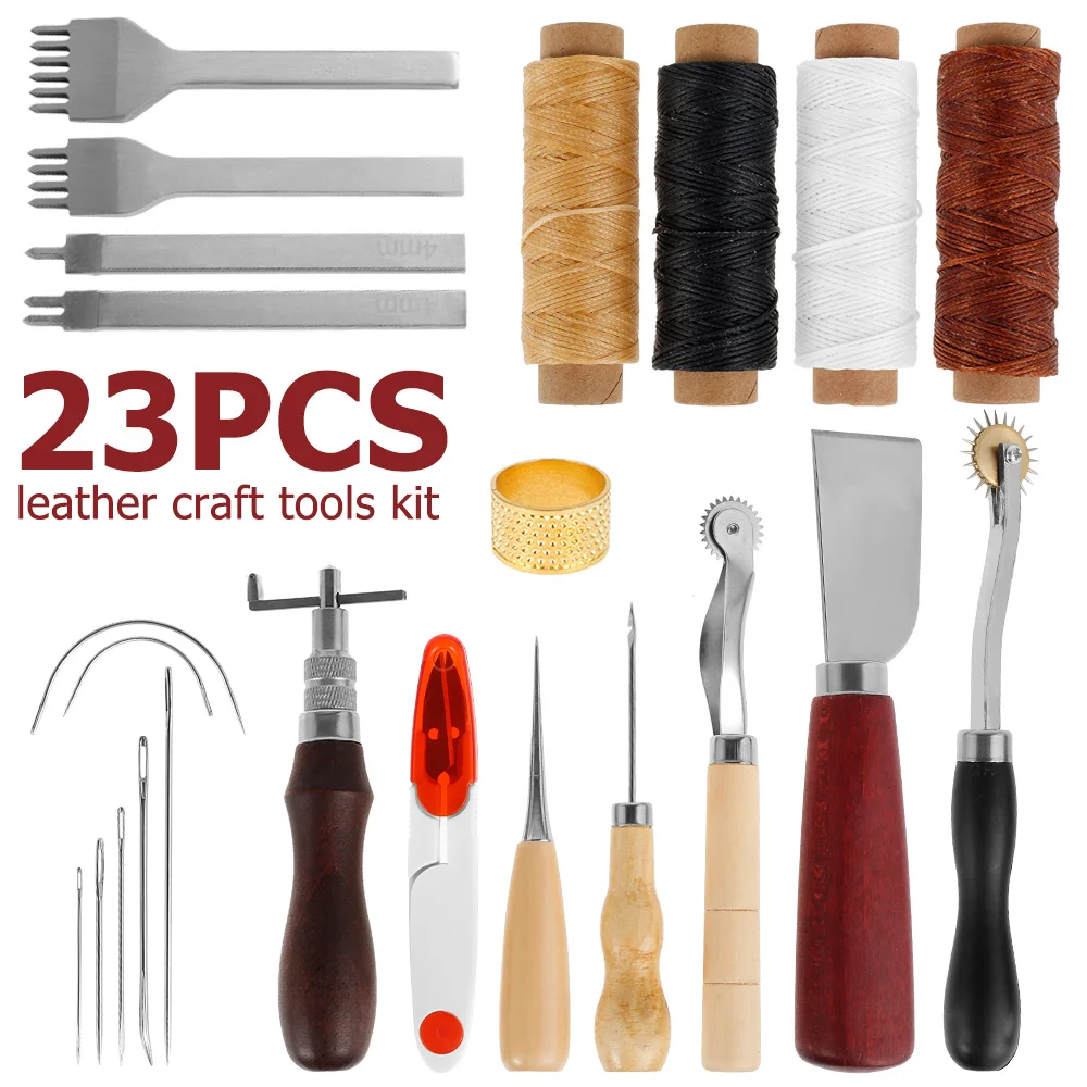 

23Pcs Professional Leather Craft Tools Kit Hand Sewing Stitching Punch Carving Work Hole Saddle Groover Set Accessories DIY