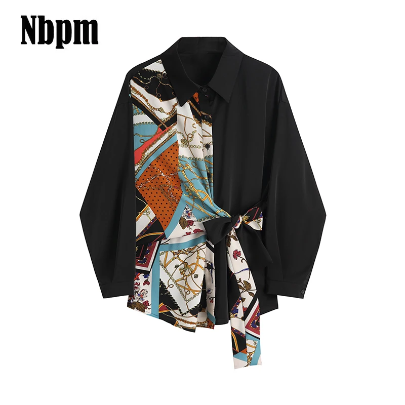

Autumn Print Blouses Women Vintage Loose Chic Ladies Shirts Patchwork Streetwear Lace Up Office Womens Blouse Shirt Casual Tops