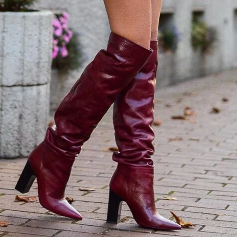 2022 Fashion Women Winter Red Wine Knee High Leather Boots Pointed Toe Square Heel Female Slip On Long Boots