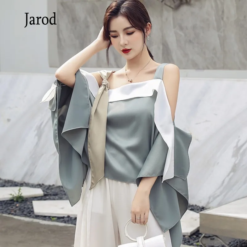 

Korean 2020 New summer Off Shoulder Women's Shirts Ruffles Patchwork Lace Up Sleeveless Irregular Blouse Top women Clothing