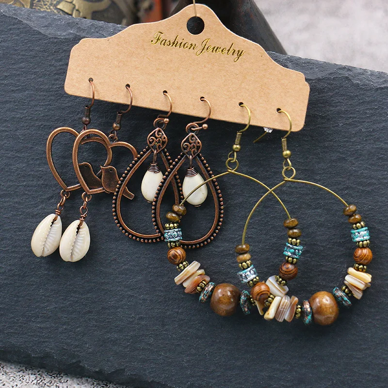 

Luokey Female Retro Seashell Heart Earrings Bohemian Ethnic Beads Hoop Earrings For Women High Quality Tassel Wood Jewelry Gifts