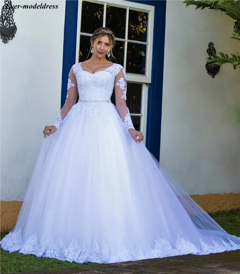 

Lace Appliques Wedding Dresses Long Sleeves Ball Gown Beaded Sequins Corset Back Princess Bridal Gowns Vestidos De Noiva 2021