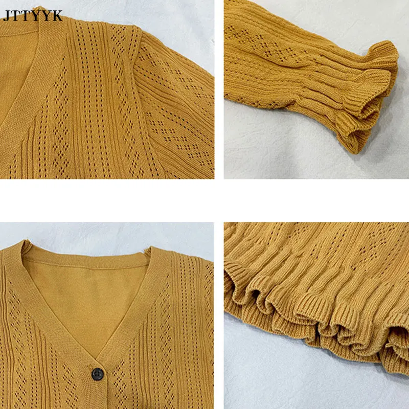

V-neck Short Knitted Cardigan Women's Spring/Autumn New Style 2021 Hollow Lace Thin Fashion Top Single-Breasted Lace Coat Womens