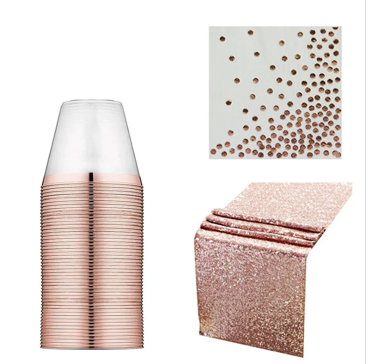 

50 Pcs Disposable Tableware Set Plastic Rose Gold Silver Glitter Paper Cup Straw Tbalerunner Suitable for Weddings and Parties