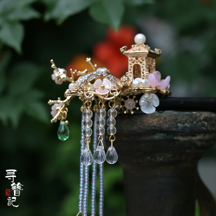 Ancient Hanfu Retro Flower Accessories Tassel Kanzashi Pavilion Classical Step shake Hair Ornaments Handmade Headdress Cosplay |