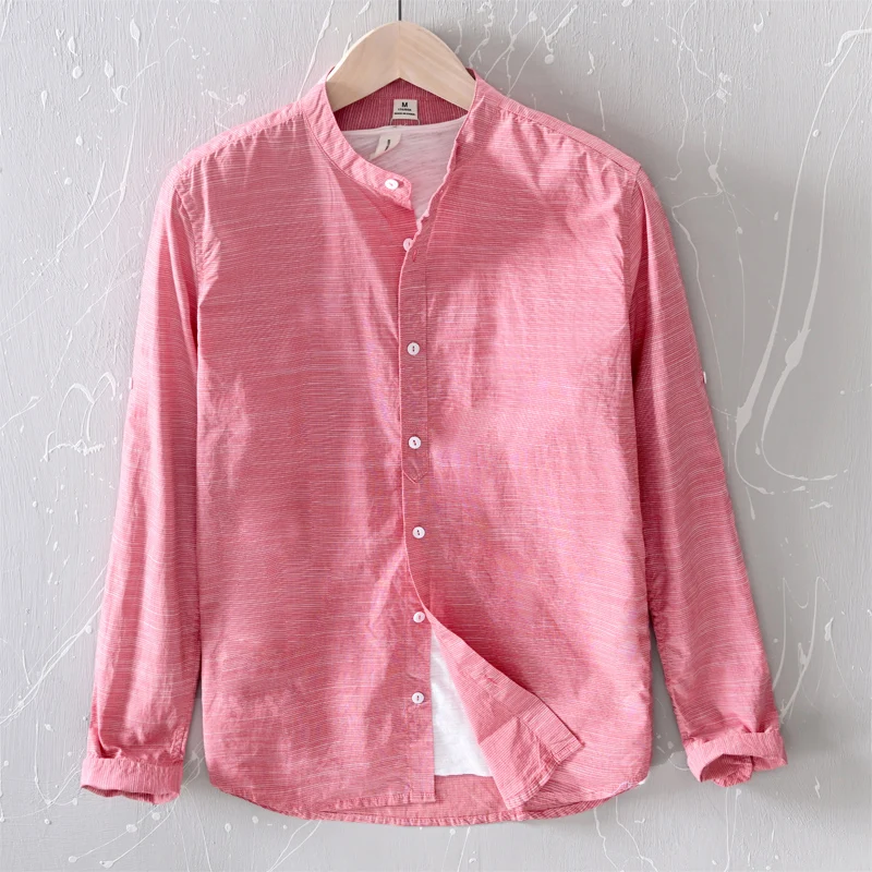 

Новая стильная красная рубашка с длинным рукавом и стоячим воротником, мужские Брендовые повседневные Модные хлопковые рубашки для мужчин,...