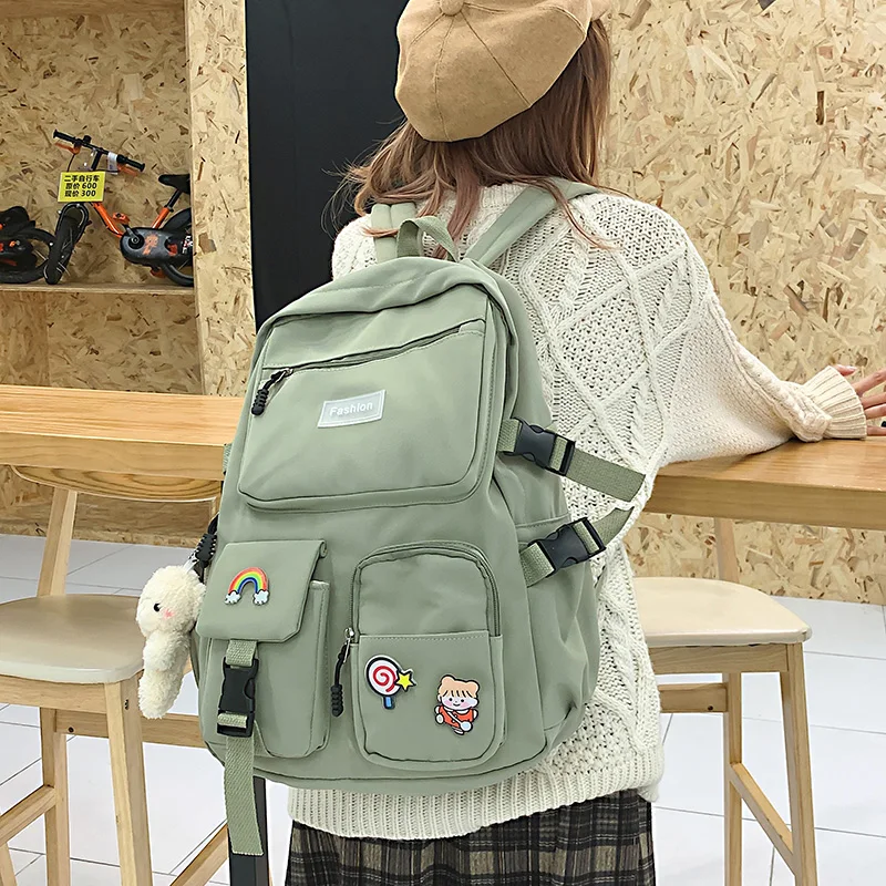 

HOCODO Kawaii Women Backpack College Student School Bag Cute Badge Multiple Pocket Nylon Backpack Female Fashion Travel Bag Book