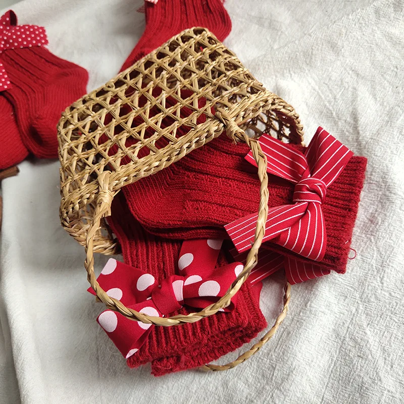 

0-5 Y Children's Christmas socks for autumn and winter new red bowknot woolen baby tube socks