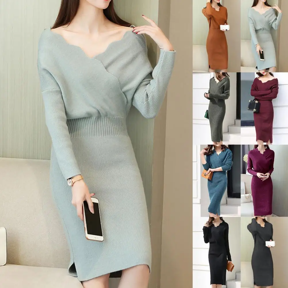 

Lightweight Chic Lace Neck Waist Tight Sweater Dress Autumn Winter Sweater Midi Dress High Waist for Home