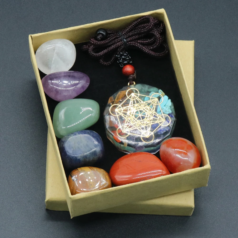 Seven Chakra Set Natural Aura Mixed Crystal Home Decoration Healing Polished Gemstone Collection Gift Box + Amulet Necklace 1PC