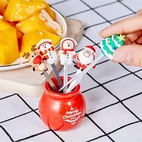 5 pcsset christmas tree stainless steel cartoon santa claus fruit forks small dessert for kids party decoration accessories
