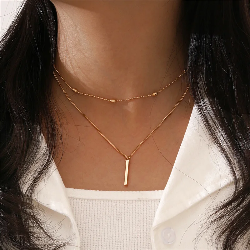 

Minimalism Gold Color Geometric Metal Pendant Necklace Vintage Bead Chain Multi Layer Necklace 2021 Daily Jewelry