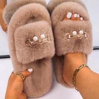 fluffy slippers women outdoor winter shoes pearl decor bedroom sandals flats furry slides platform home slippers luxury designer