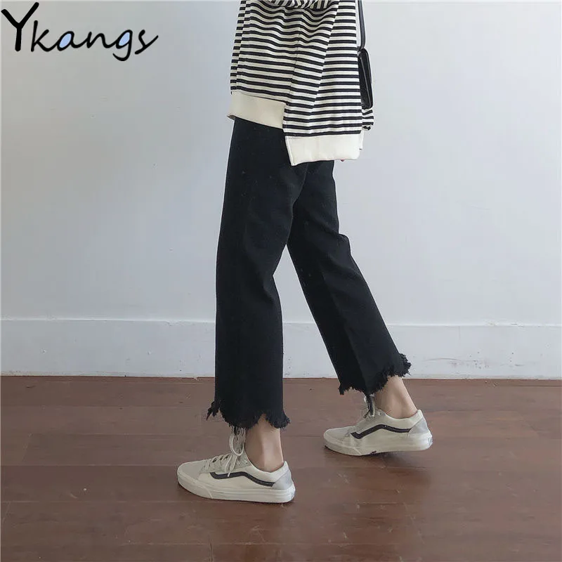 

Plus Size Petal Leg Tassel High Waist Straight-Leg Jeans Korean Fashion Casual Women Black Denim Pants Streetwear White Trouser